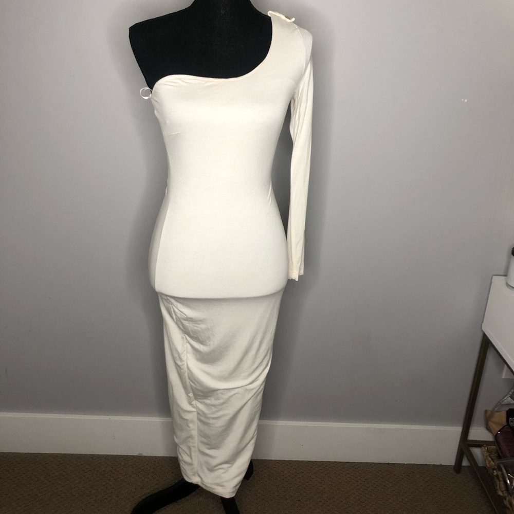 White cotton off the shoulder midi dress